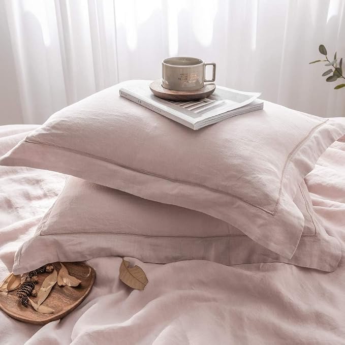 Simple&Opulence 100% Washed Linen Duvet Cover with Embroidered, 3 Pieces Soft Farmhouse Comforter Set with Button Closure,1 Duvet Cover and 2 Pillowshams (Queen,Dusty Pink)