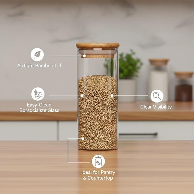 Borosilicate Glass Storage Jar with Bamboo Lid, Airtight Dry Food Canister for Kitchen Pantry & Countertop Organization
