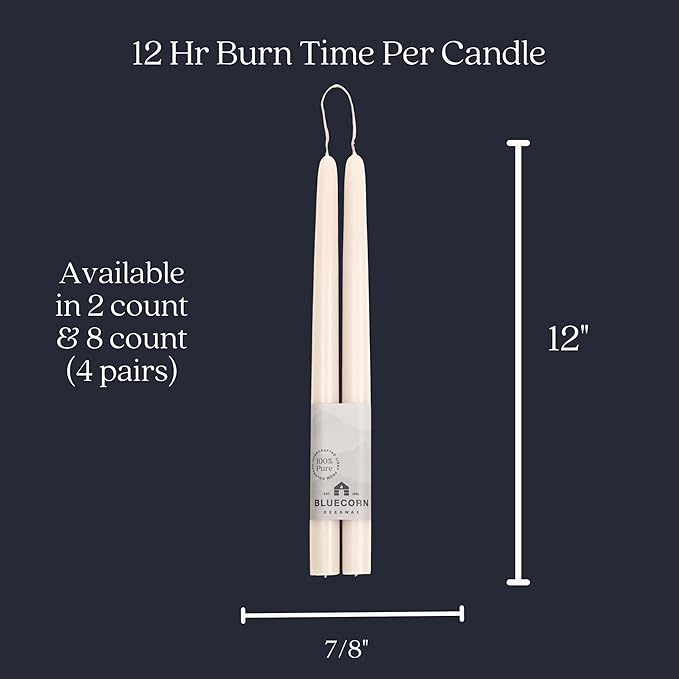 Bluecorn Beeswax Taper Candles, 100% Pure Natural Bees Wax, Pair of 12 Inch Ivory White Tapered Candlesticks, Clean Burning & Dripless, Fragrance Free, Long Lasting, Home Decor, American Made, 1 Count