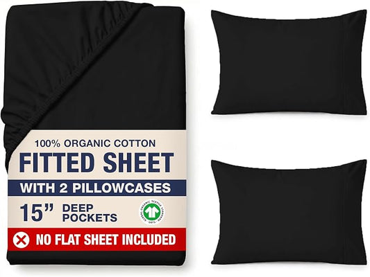 LANE LINEN 100% Organic Cotton Fitted Sheet Queen (+Pillowcases) 3-Piece Set Soft & Comfy Hotel Style Percale Weave Sustainably Produced Queen Size only 15" Deep - Black Fitted Sheet