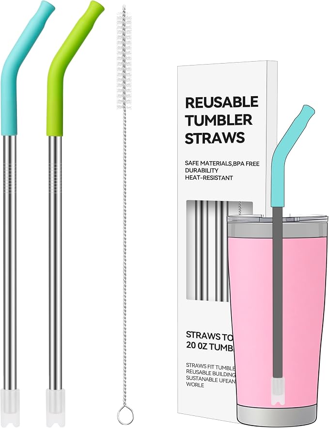 2 PCS 20 oz Straight Metal Straws with Silicone Tip for Tumbler | Long Drinking Replacement Straw for YETI, STANLEY, US Acrylio, BJPKPK, Simple Modern and so on