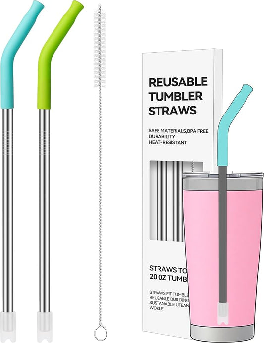2 PCS 20 oz Straight Metal Straws with Silicone Tip for Tumbler | Long Drinking Replacement Straw for YETI, STANLEY, US Acrylio, BJPKPK, Simple Modern and so on