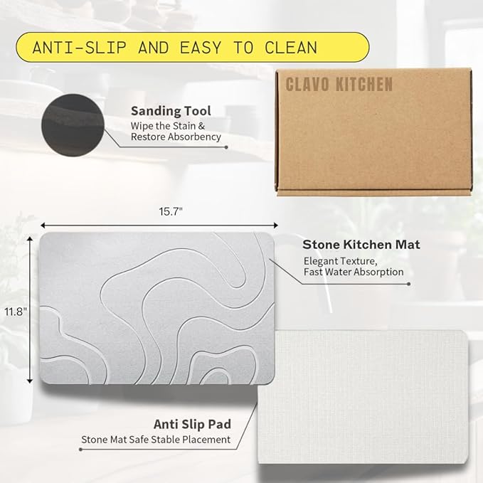 CLAVO Stone Drying Mat for Kitchen Counter – Fast Absorbing Diatomaceous Earth Dish Drying Mat – Non-Slip, Easy-to-Clean, Multi-Purpose Kitchen Stone Drying Mat for Dishes|15.7” x 11.8"