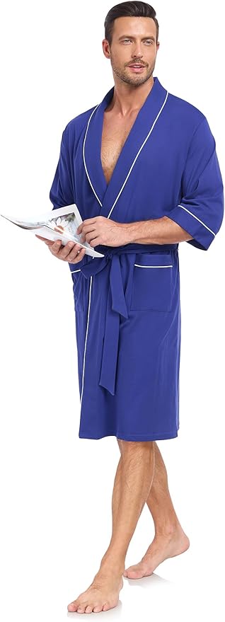 COLORFULLEAF 100% Cotton Men’s Summer Bathrobe Lightweight & Breathable Short Sleeve Kimono Robe with Pockets