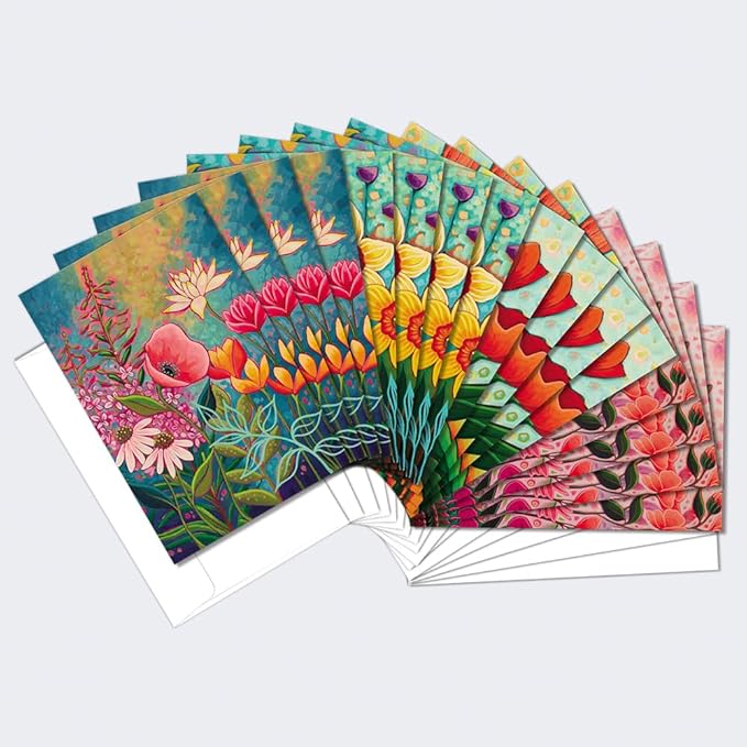 Tree-Free Greetings - All Occasion Cards - Artful Designs - 16 Assorted Cards + White Envelopes - Made in USA - 100% Recycled Paper - 4"x6" - Vibrant Florals (FP54263)