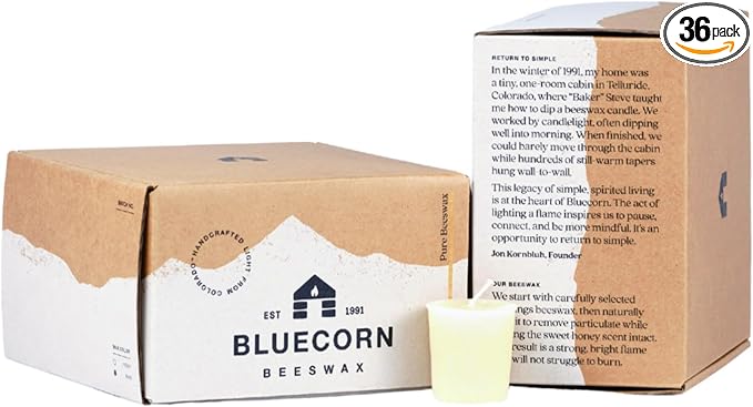 Bluecorn Beeswax Votive Candles, 100% Pure Natural Bees Wax, Ivory White Votives, Clean Burning & Long Lasting (12+ Hours), Fragrance Free, Home Decor & Wedding Decorations, American Made, 36 Pack
