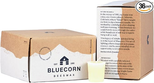 Bluecorn Beeswax Votive Candles, 100% Pure Natural Bees Wax, Ivory White Votives, Clean Burning & Long Lasting (12+ Hours), Fragrance Free, Home Decor & Wedding Decorations, American Made, 36 Pack