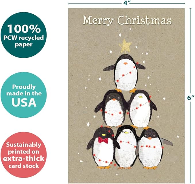 Tree-Free Greetings - Season's Greeting Card - Artful Designs - 1 Card + Matching Envelopes - Made in USA - 100% Recycled Paper - 5"x7" - Penguin Pile (FS93532)