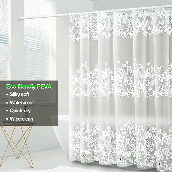 Plastic Shower Liner - Premium PEVA 4G Shower Curtain Liner with Rustproof Grommets and 3 Weighted Magnets, Waterproof Shower Curtains for Bathroom (White Flower)