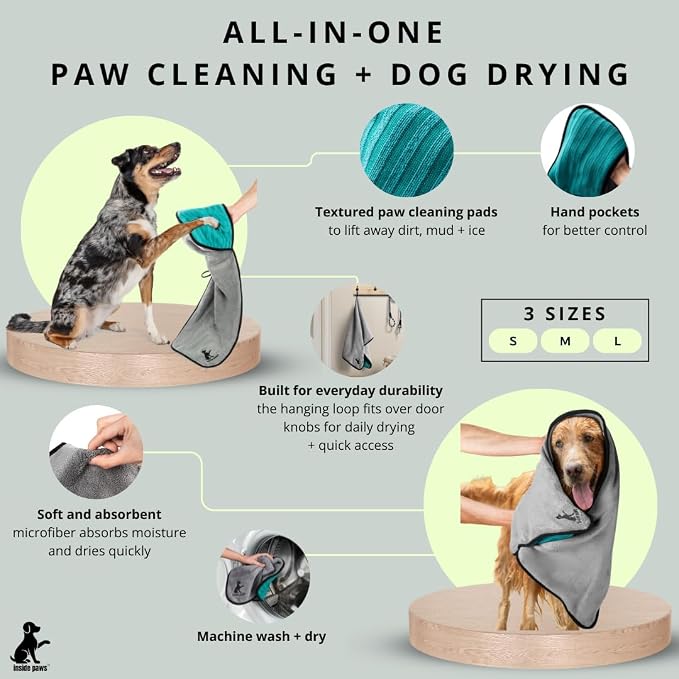 Microfiber Dog Towel & Paw Cleaner – Super Absorbent for Drying Dogs Large, Medium & Small, Quick Dry Pet Towels with Hand Pockets, Soft & Durable Puppy Towel, Machine Washable, Hanging Loop (Medium)
