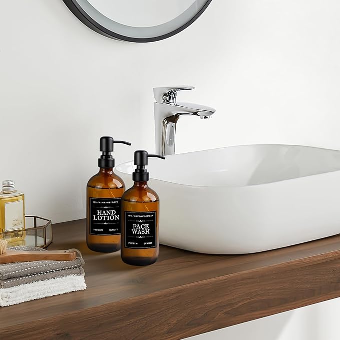 Amber Glass Soap Dispenser, Sturdy Hand Soap Containers with Waterproof Labels and a Foldable Funnel, Refillable Dish Soap Bottles Set for Bathroom Kitchen Hotel