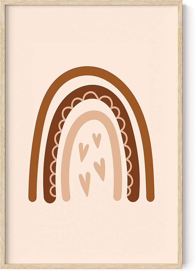 Boho Nursery Rainbow Wall Art with Hearts Earth Tones Terracotta Brown Scandi Minimalist Style 24x36 Inch Oak Wood Beige Framed Playroom Decor Print for Kids Room