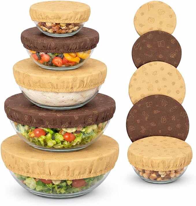 Beeswax Bowl Covers Set of 5 – Reusable Elastic Shower Caps for Sourdough Bread Proofing & Dough Rising – Washable Organic Cotton Cloth Food Storage Covers, Plastic Wrap Alternative (5.5"–13")