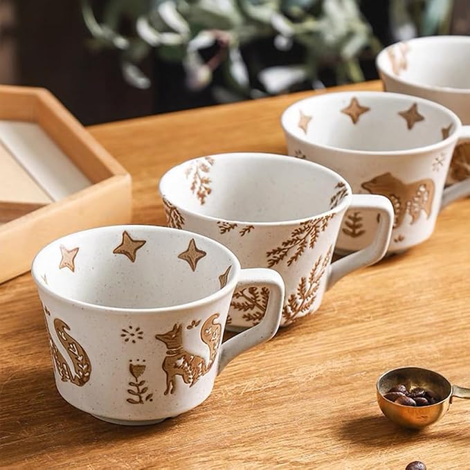 Ceramic Mug 1 pc, 11oz - Vintage Coffee Mug, Pottery Cups for Milk, Latte, Cappuccino, Tea - Porcelain Dishwasher, Microwave Safe Stoneware Gift for Women Men, Brown Leaf