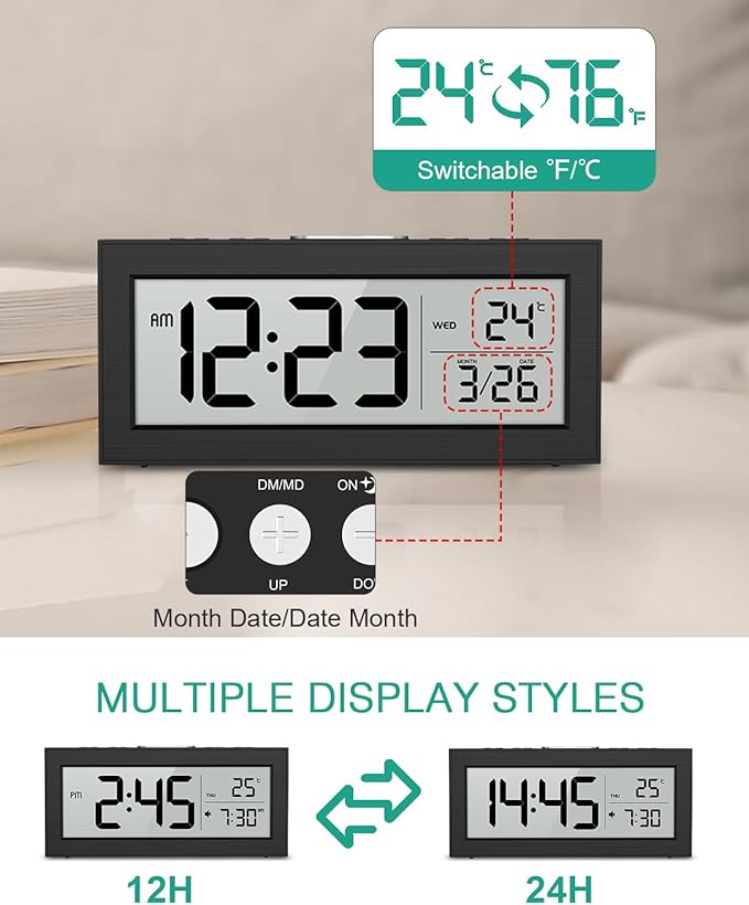 ORIA Battery Operated Digital Clock, Small Travel Alarm Clock with Indoor Temp, Date, Blacklight, Snooze, Desk Clock for Kids, Teens, Seniors, Bedrooms, Batteries Included