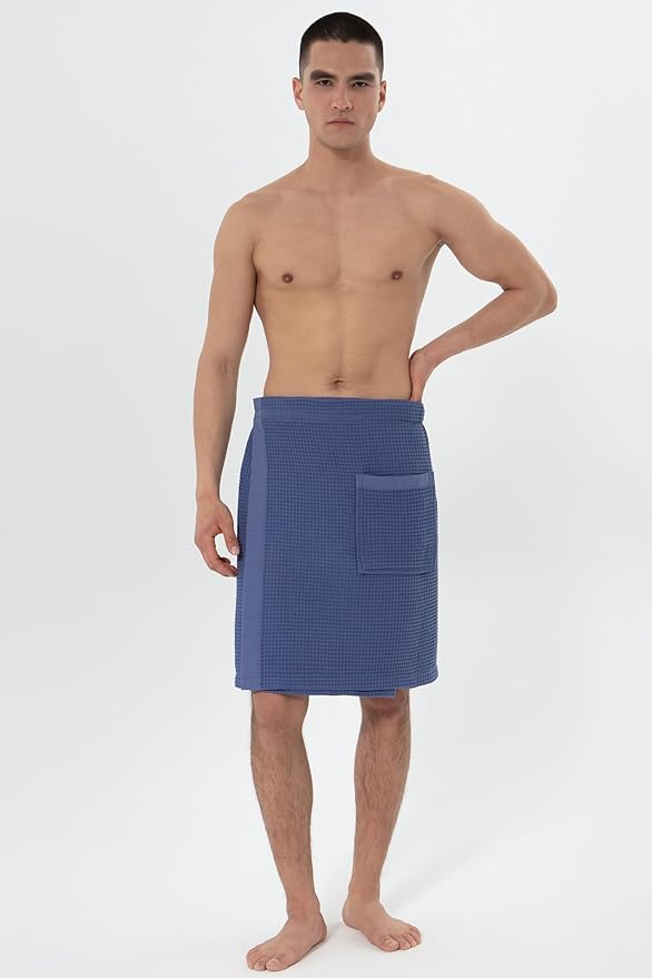 SEYANTE Men's Organic Waffle Spa Wrap – GOTS Certified 100% Turkish Cotton, Adjustable Closure, Same-Color Piping
