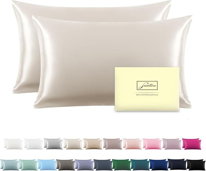 Silk Pillow Cases 2 Pack,Soft Breathable and Sliky Standard Size Pillow Cases Set of 2,Natural Mulberry Silk Pillowcase Set of 2 for Hair and Skin with Hidden Zipper (Beige,20"X 26",2pcs)