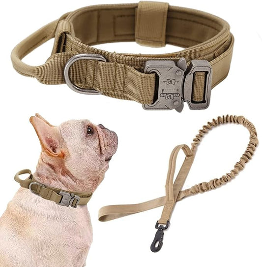 Tactical Dog Collar and Leash Set Adjustable Military Nylon Dog Collar with Control Handle and Heavy Duty Metal Buckle for Large Dogs （Brown S