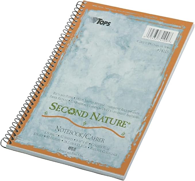 TOPS Second Nature Notebook, 9.5 x 6 Inch, College Ruled, 100% Recycled, 80 Sheets, Grey (74109)