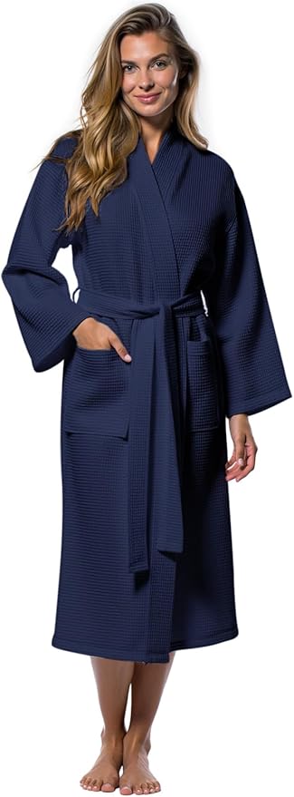 Turquaz Lightweight Waffle Knit Kimono Bathrobe - Soft Cotton Blend Spa Robe, Fast-Drying Full-Length Unisex Robes for Women