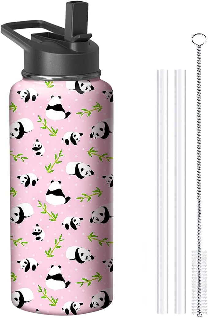18oz Pink Panda Water Bottle with Handle and Flip Straw, Sports Stainless Steel Insulated Cup Travel Coffee Mug Tumbler, Birthday Mothers Day Chritmas Gifts for Women