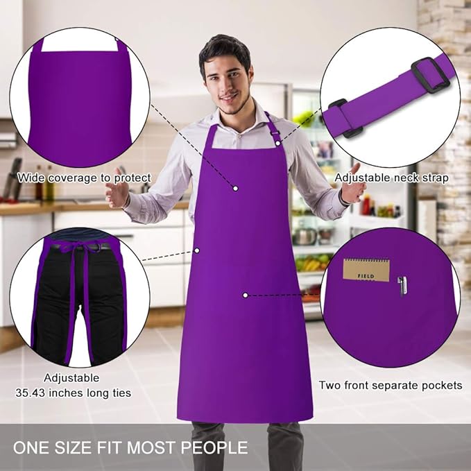 Jubatus 2 Pack 100% Cotton Aprons with 2 Pockets Cooking Chef Kitchen Adjustable Bib Apron for Women Men, Purple