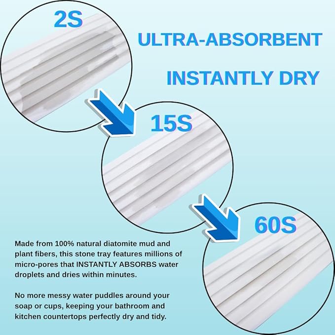 2PCS Fast-Drying Diatomite Sink Tray, Ultra-Absorbent Soap Holder for Bathroom Kitchen Countertop, Non-Slip Stone Coaster with Grooved Design & Anti-Slip Foot Pads, 8.3" x 4" x 0.4", White