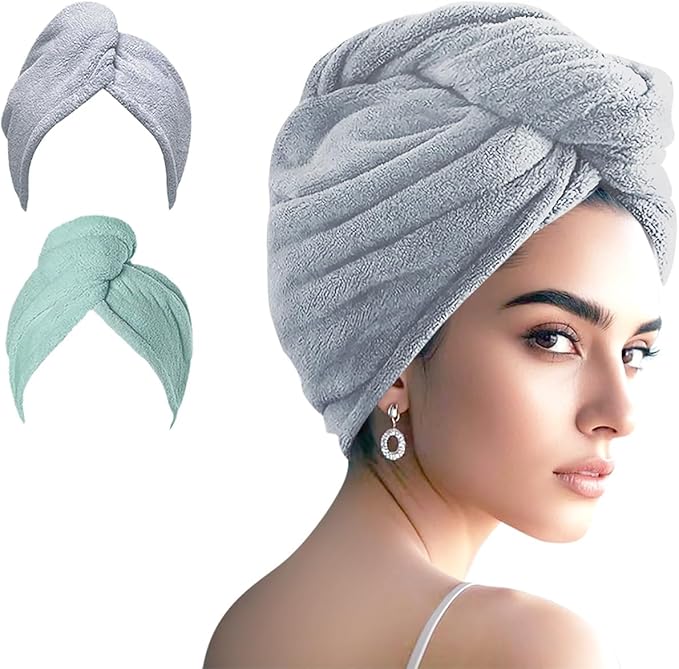 Microfiber Hair Drying Towel Wrap for Women, Hair Turbans Towel for Wet Hair,turbie Twist Hair Towels(The Color of the Picture is for Reference only) (Gray,Light Green)