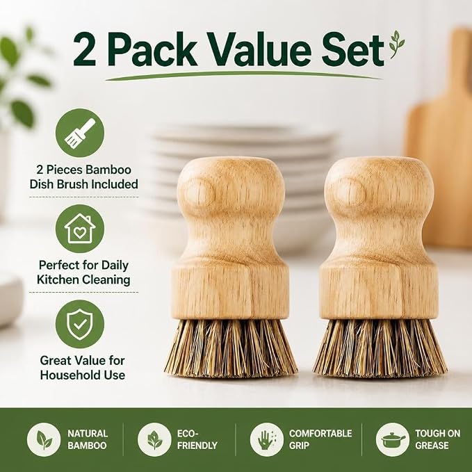 2 Pack Bamboo Dish Brush Set Kitchen Palm Pot Brush with Union Fiber Natural Wooden Dish Scrub Brush for Cleaning Pots Pans Sinks Woks and Vegetables