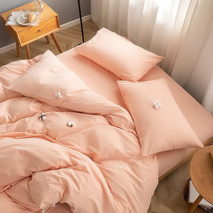 FACE TWO FACE Bedding Duvet Cover Set100% Washed Cotton Duvet Cover Linen Like Textured Breathable Durable Soft Comfy (Twin, Pink)