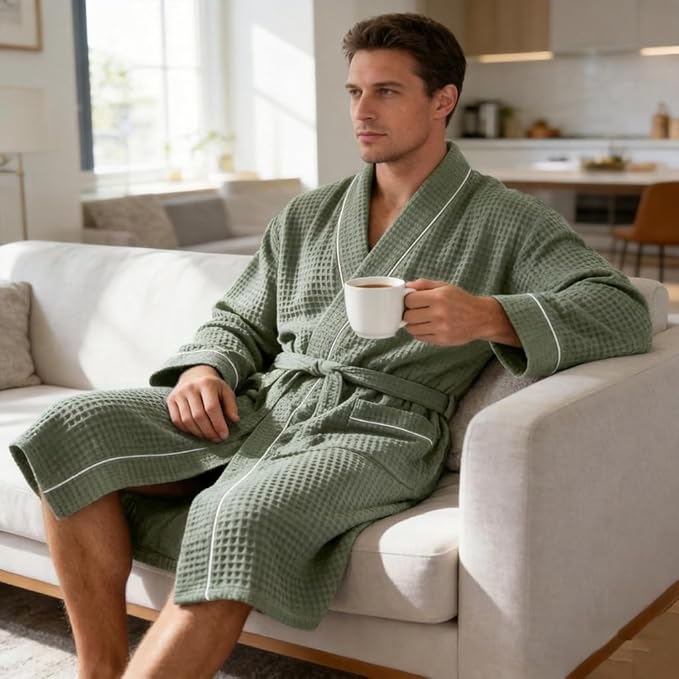 Inner Wish Men's Cotton Waffle Kimono Robe, Lightweight Soft Spa Shower Bathrobe, Hotel Lounge Robes for Men