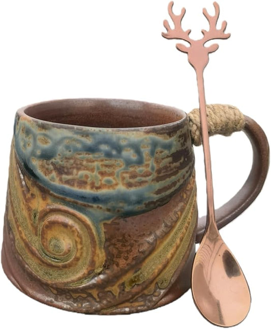 Vintage Ceramic Coffee Mug (with Handle), Handcrafted Lead-Free Ceramic Artistic Latte Cappuccino Espresso Tassee with Coffee Spoon, Coffee Mug, Tea Cup, Milk Tea Cup, 10oz