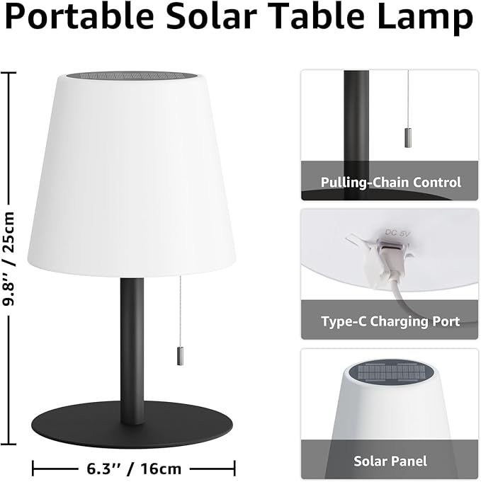 uuffoo Solar Lamp Outdoor Waterproof 8 Colors Rechargeable Cordless, Eye-Caring Dimmable Solar Lights LED Battery Operated Portable for Indoor Outdoor Garden Patio (Black)