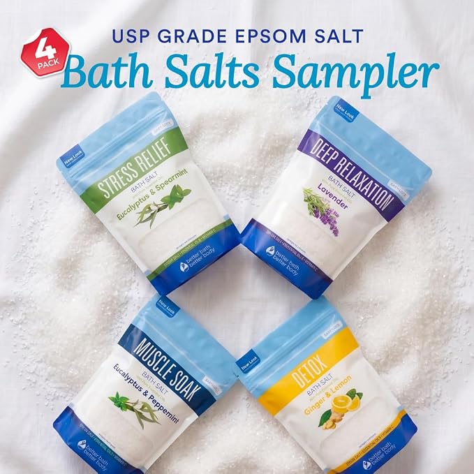 Bath Salts Sampler (4-Pack of 2-lbs) Variety Bath Soaks with Bamboo Scoop
