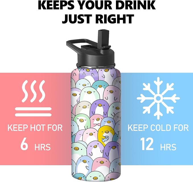 32oz Penguin Water Bottle with Handle and Flip Straw, Animal Sports Stainless Steel Insulated Cup Travel Coffee Mug Tumbler, Birthday Mothers Day Chritmas Gifts for Women