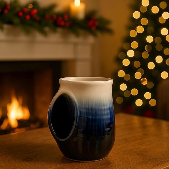 Hand Warmer Mug, Ceramic and Hand Painted - Contoured Pocket will Hold Warmth From The Heat Of Your Drink To Keep Your Fingers Warm, Comfy Handwarmer Gift, Winter Stocking Stuffer Gifts - Left Handed