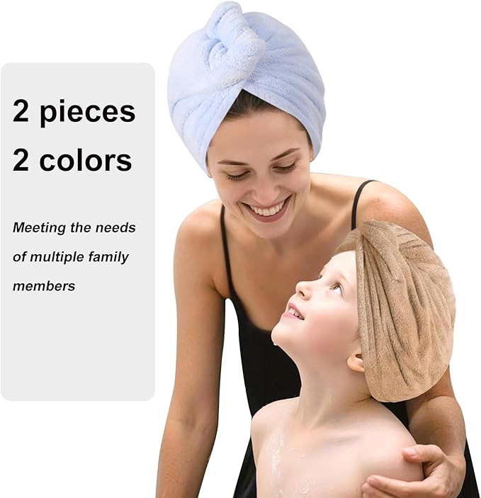 Microfiber Hair Drying Towel Wrap for Women, Hair Turbans Towel for Wet Hair,turbie Twist Hair Towels(The Color of the Picture is for Reference only) (Blue,Brown)