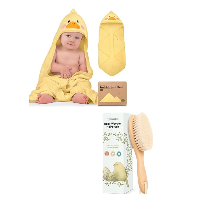 KeaBabies Baby Hooded Towel and Baby Hair Brush - Soft Bath Towels with Hood for Kids and Infant, Wooden Hairbrush with Soft Goat Bristles for Cradle Caps