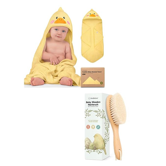 KeaBabies Baby Hooded Towel and Baby Hair Brush - Soft Bath Towels with Hood for Kids and Infant, Wooden Hairbrush with Soft Goat Bristles for Cradle Caps