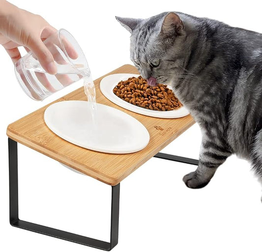 Sunhoo Ceramic Elevated Cat Bowls Raised Puppy Dishes for Food and Water Tilted Wooden Stand for Indoor Cats 5.5 inch Wide Double Dish Orthopedic Reduces Vomiting (Wood Color)