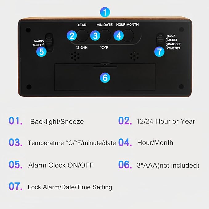 Digital Wooden Alarm Clock with Backlight Temperature Humidity LCD Big Display Soft Date Week 12/24 Hour Switch Snooze Mode Easy to Use for Students Office