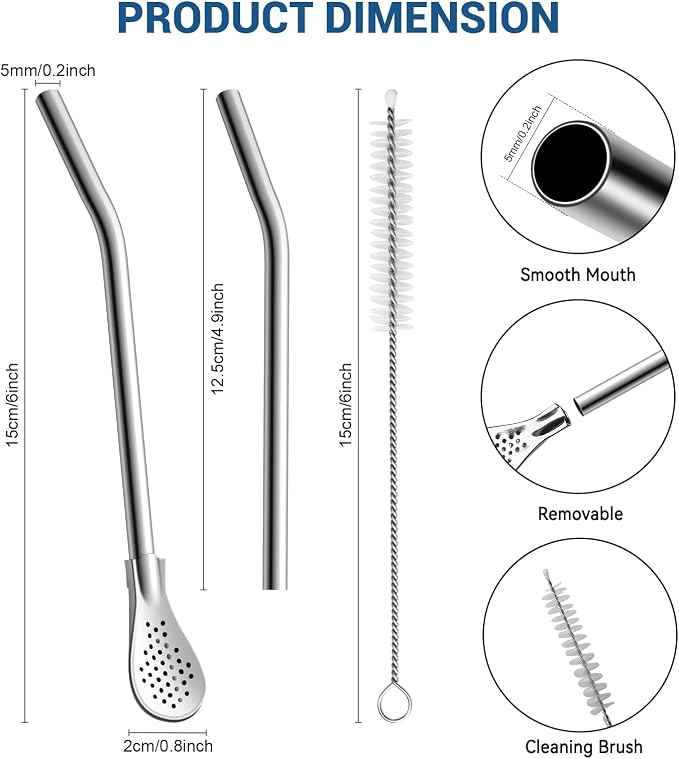 6 in Reusable Yerba Mate Straws, 6 Pcs Metal Spoon Straws Bent | Stainless Steel Short Straw Spoon, Removable Drinking Filter Straws with 2 Cleaning Brushes for Tea Coffee Cocktail(Silver)