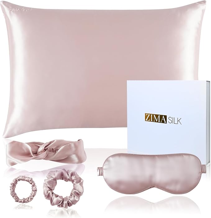 ZIMASILK 22 Momme Silk Pillowcase for Hair and Skin - 100% Pure Mulberry Silk with Hidden Zipper, Gift Box, Comes with Pillowcase Mask Headband Scrunchies (Queen 20"x30", Light Plum)