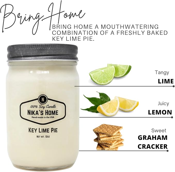 Nika's Home Key Lime Pie Soy Candle - 12oz Mason Jar - Non-Toxic - Hand Poured in The USA, Long Burning 50-60 Hours Highly Scented All Natural, Clean Burning