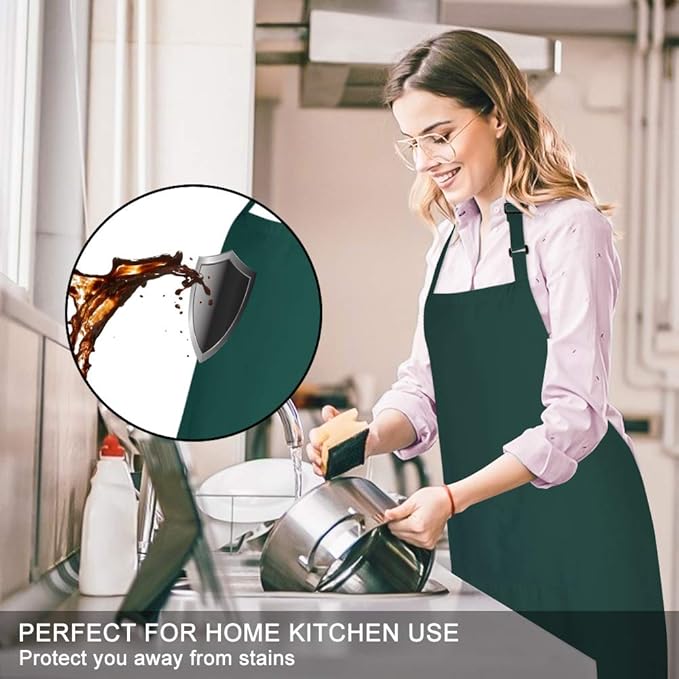 Jubatus 2 Pack 100% Cotton Aprons with 2 Pockets Cooking Chef Kitchen Adjustable Bib Apron for Women Men, Dark Green