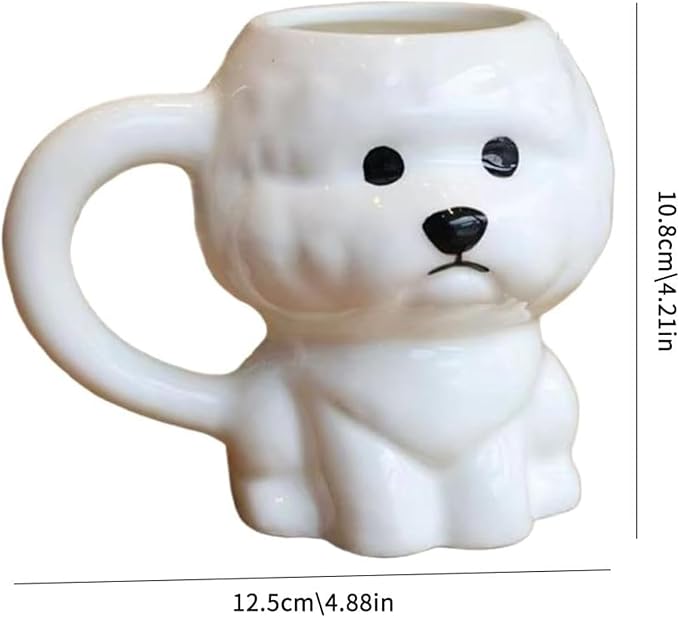 Coffee Mug Cups Ceramic Tea Cup Cute 3D Bichon Frise Dog Shaped Handmade Pottery Cute Mugs Handle Office Home Hot Ice Chocolate Milk Mugs Gifts Microwave Dishwasher Safe 14 Oz Travel Mug (White dog)