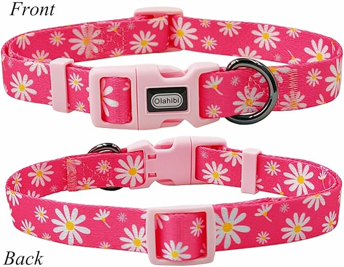 Dog Collar Leash Set, Floral Pattern, Polyester Material, Adjustable Collar and 5ft Matching Leash, for Medium Dogs.(M, Pink Daisy)