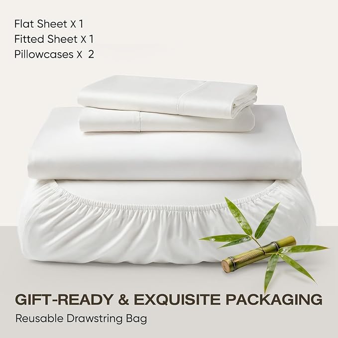 Real 100% Viscose Derived from Bamboo Sheets Set King Size, Cooling & Silky Soft for Hot Sleeper, Luxury with Breathable & Moisture Wicking Fabric, 18" Deep Pocket with Corner Straps (White, King)
