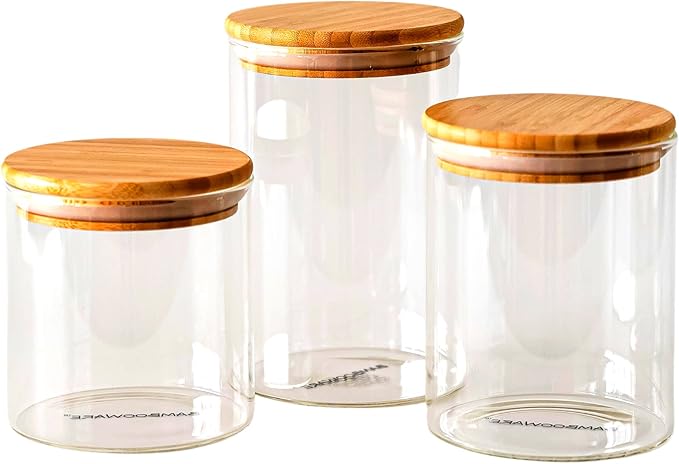 Bambooware Glass Storage Containers with Lids | Kitchen Organization | Pantry Organization - Set of 3 Canisters - Airtight Glass Jars Wooden Lid for Sugar, Flour, Candy, Cookies, Rice, Pasta
