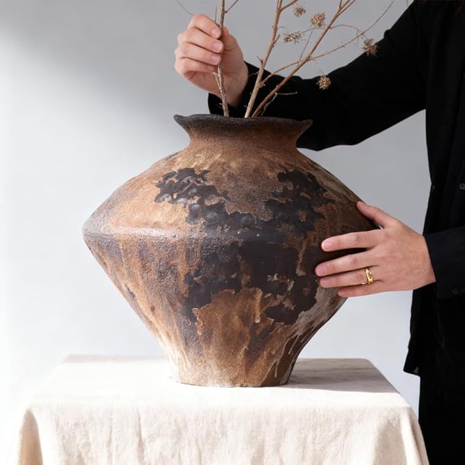 Large Wabi Sabi Vase, 11.5" Wabi Sabi Decor Rustic Vase, Brown Ceramic Vase for Centerpiece, Vintage Farmhouse Decor for Home Decorative, Table, Living Room, Bedroom, Bathroom, Kitchen